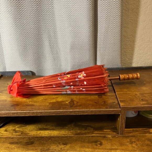 Vintage Transparent Red Fabric Parasol Floral with Butterflies Hand Painted 17"H - Picture 2 of 11
